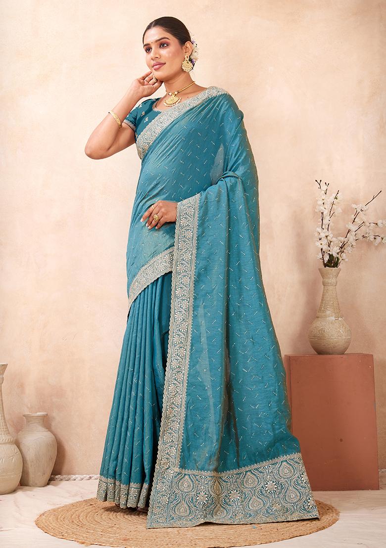Firoji Embroidery Silk Saree Set - Indya