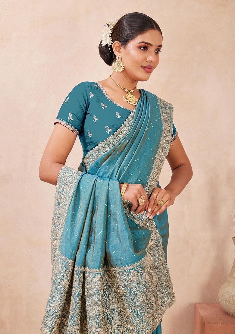 Firoji Embroidery Silk Saree Set - Indya