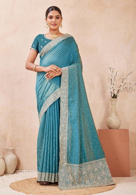 Firoji Embroidery Silk Saree Set