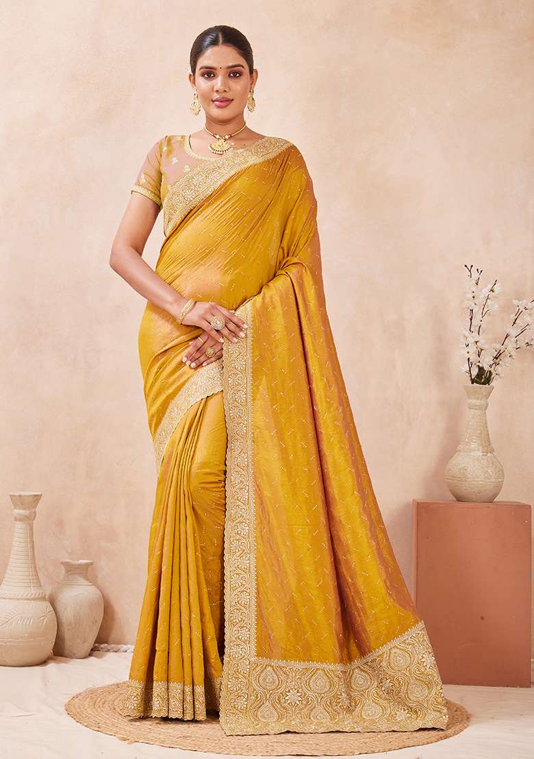 Mustard Silk Blend Saree Set with Embroidery for Diwali | Wedding & Festive Wear - Indya