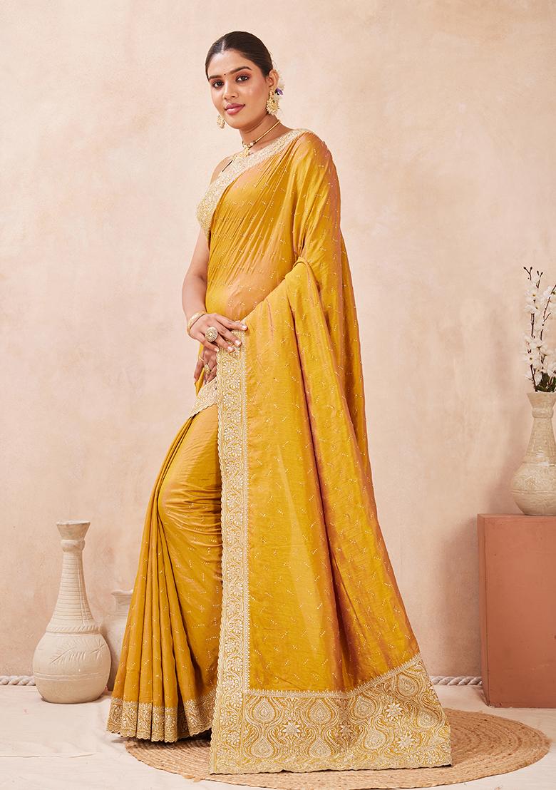 Mustard Embroidery Silk Saree Set - Indya