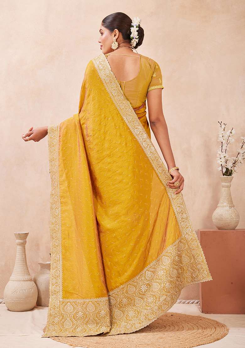 Mustard Silk Blend Saree Set with Embroidery for Diwali | Wedding & Festive Wear - Indya