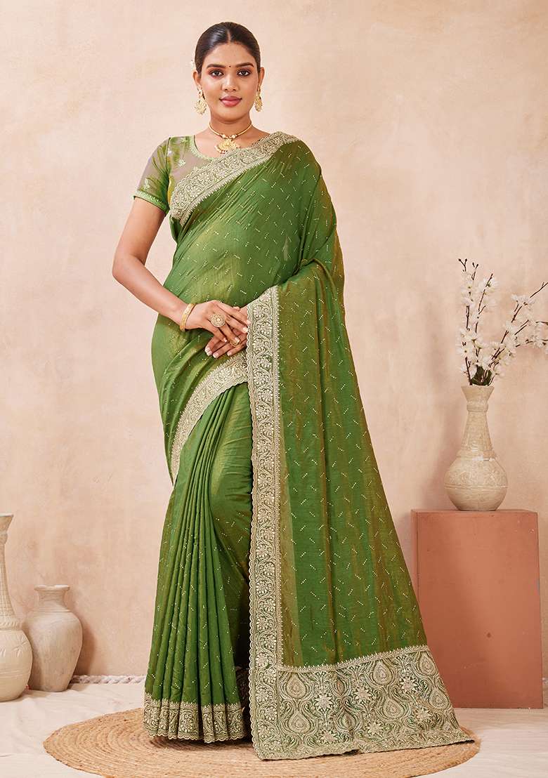 Mehendi Embroidery Silk Blend Saree Set for Diwali and Festive Wear - Indya