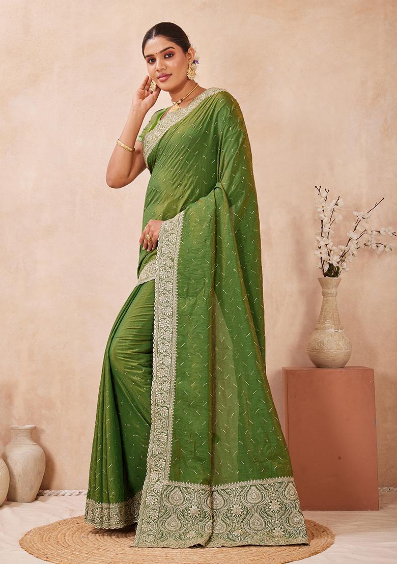 Mehendi Embroidery Silk Saree Set - Indya