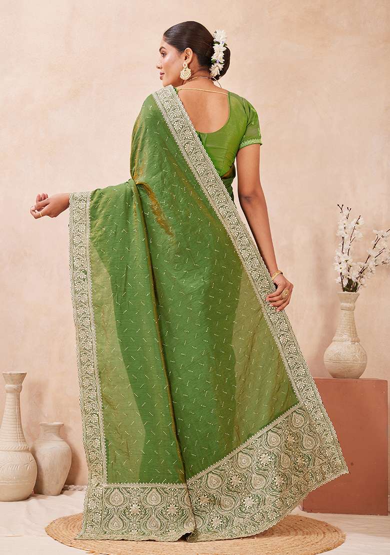 Mehendi Embroidery Silk Blend Saree Set for Diwali and Festive Wear - Indya
