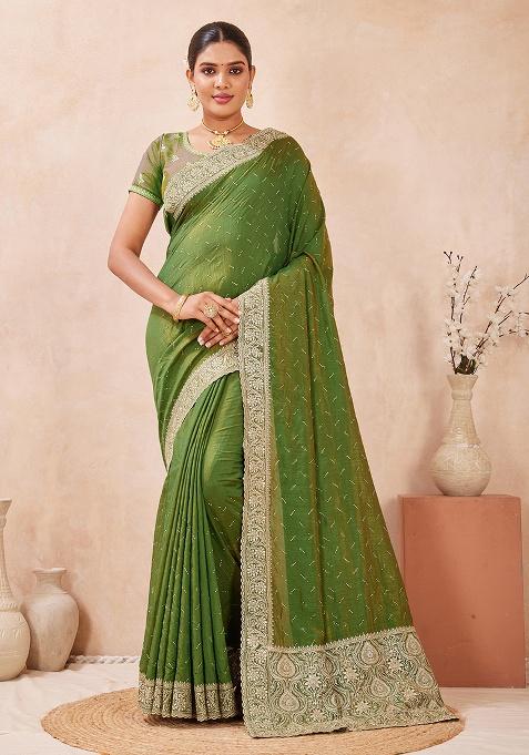 Mehendi Embroidery Silk Saree Set