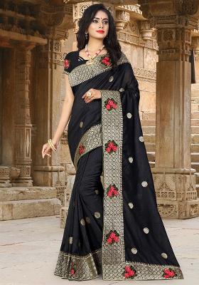 Black Embroidery Silk Saree Set