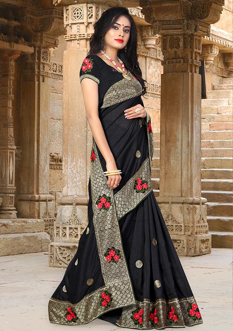 Black Embroidery Silk Saree Set - Indya