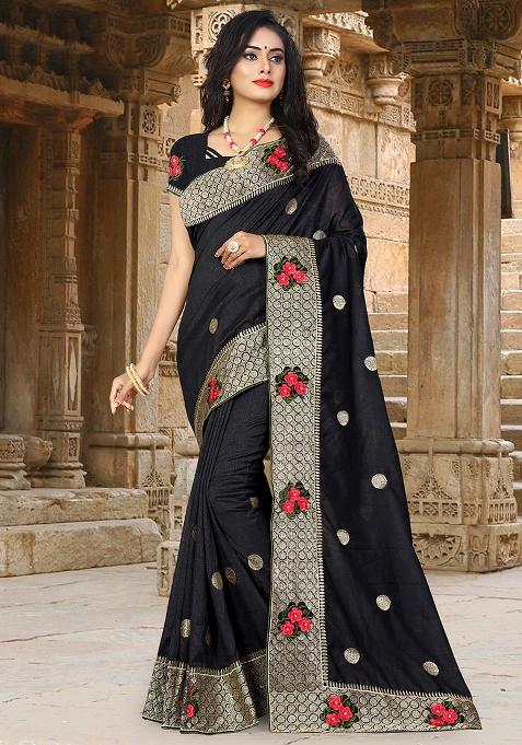 Black Embroidery Silk Saree Set