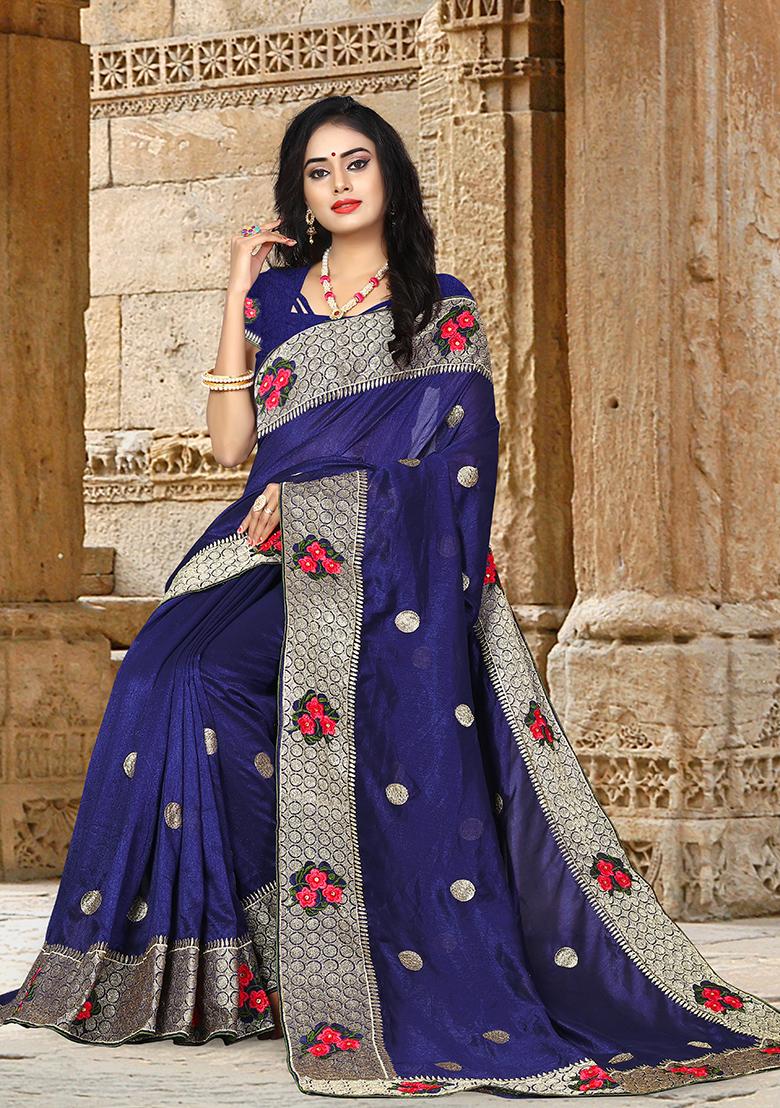 Navy Blue Embroidery Silk Saree Set - Indya