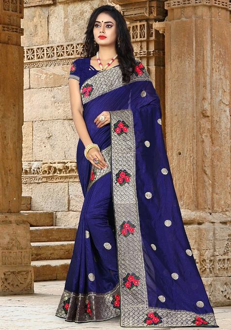 Navy Blue Embroidery Silk Saree Set