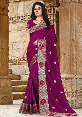 Wine Embroidery Silk Saree Set