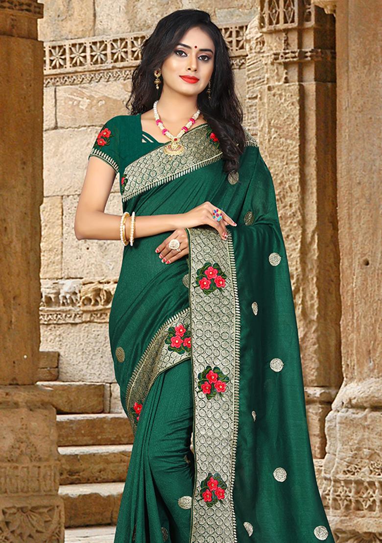 Green Embroidery Silk Saree Set - Indya