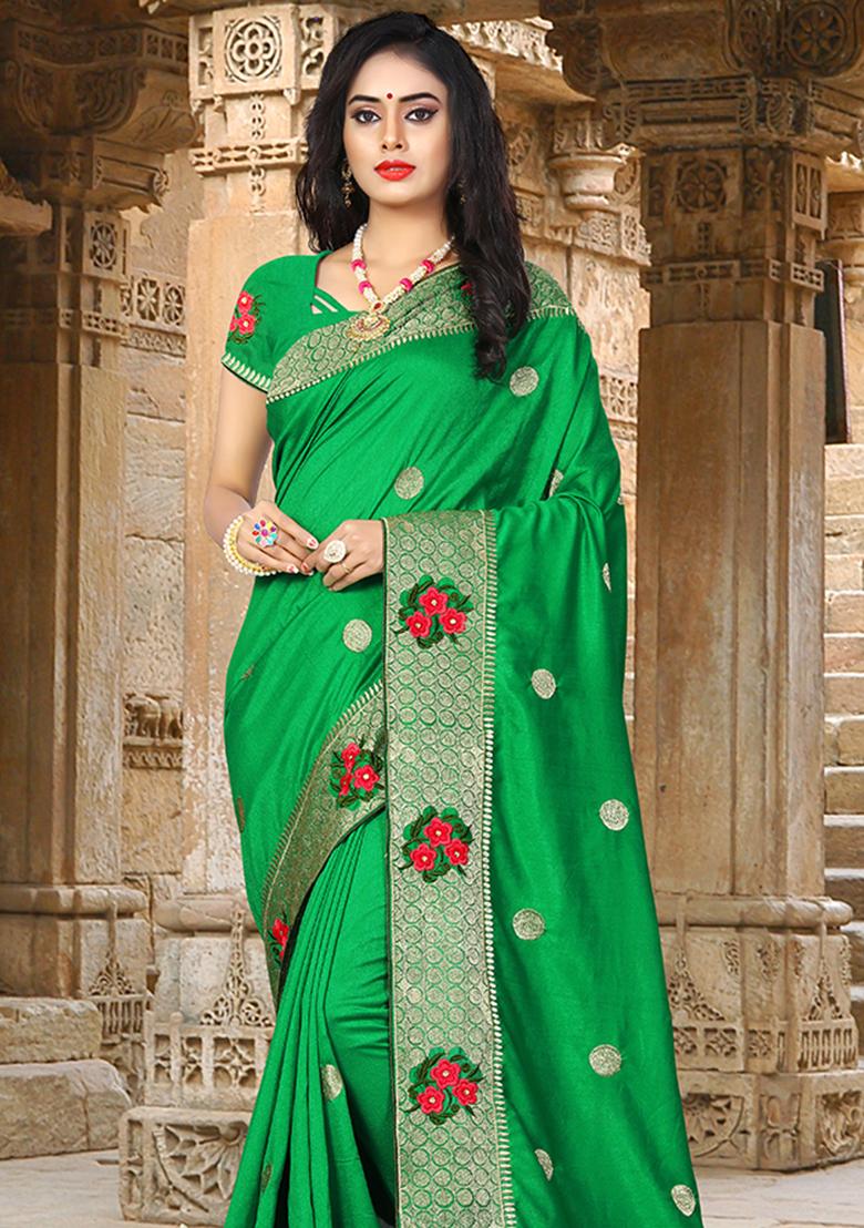 Parrot Green Embroidery Silk Saree Set - Indya
