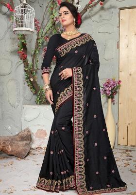 Black Embroidery Silk Saree Set