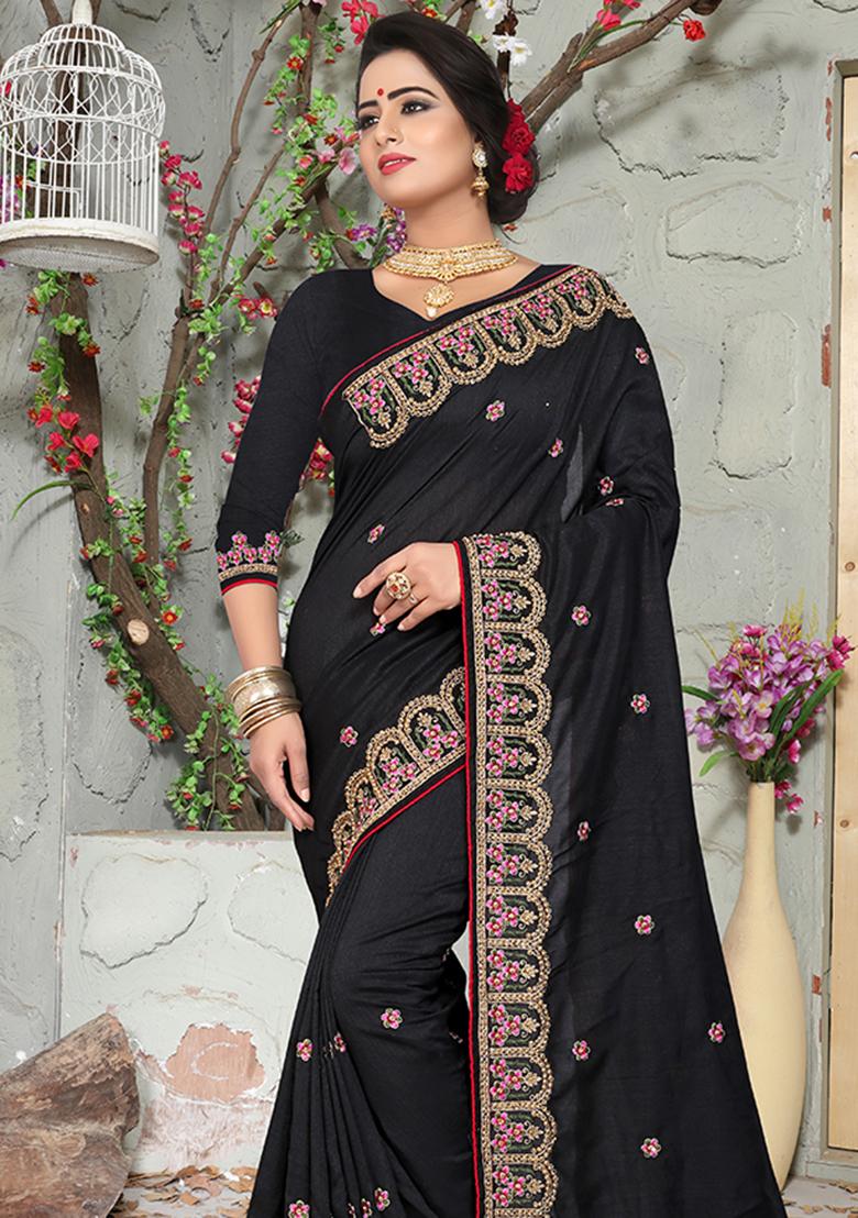 Black Embroidery Silk Saree Set - Indya