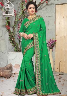 Parrot Green Embroidery Silk Saree Set