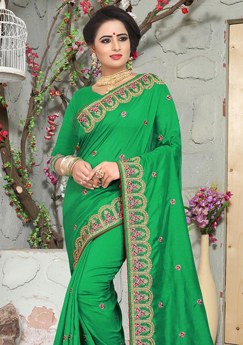 Parrot Green Embroidery Silk Saree Set - Indya
