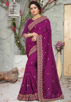 Wine Embroidery Silk Saree Set