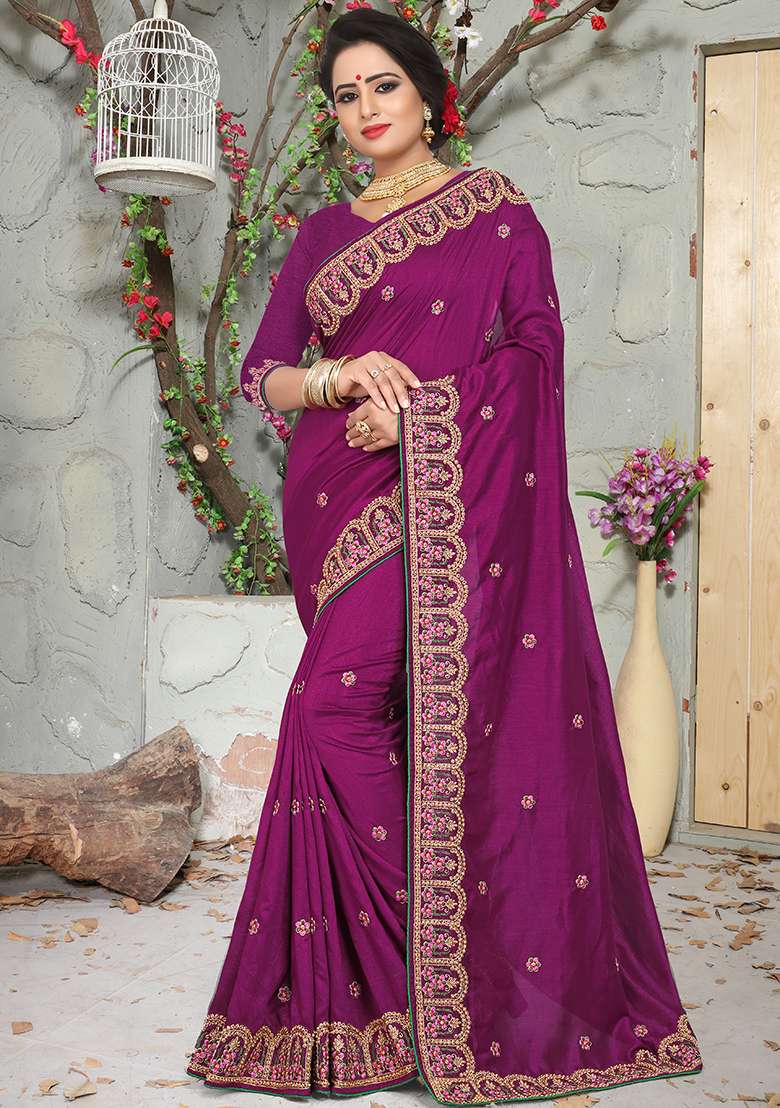 Wine Silk Blend Saree Set with Embroidery for Diwali | Wedding & Festive Wear - Indya