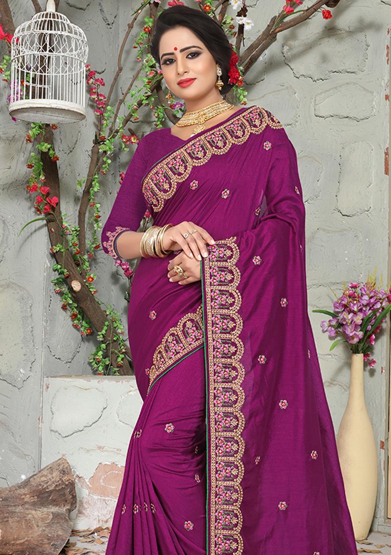 Wine Embroidery Silk Saree Set - Indya