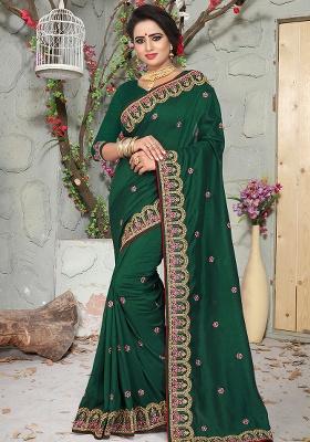 Bottle Green Embroidery Silk Saree Set