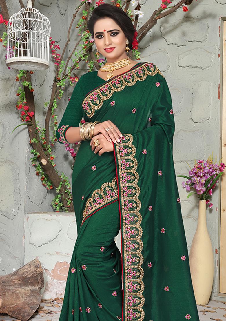 Bottle Green Embroidery Silk Saree Set - Indya