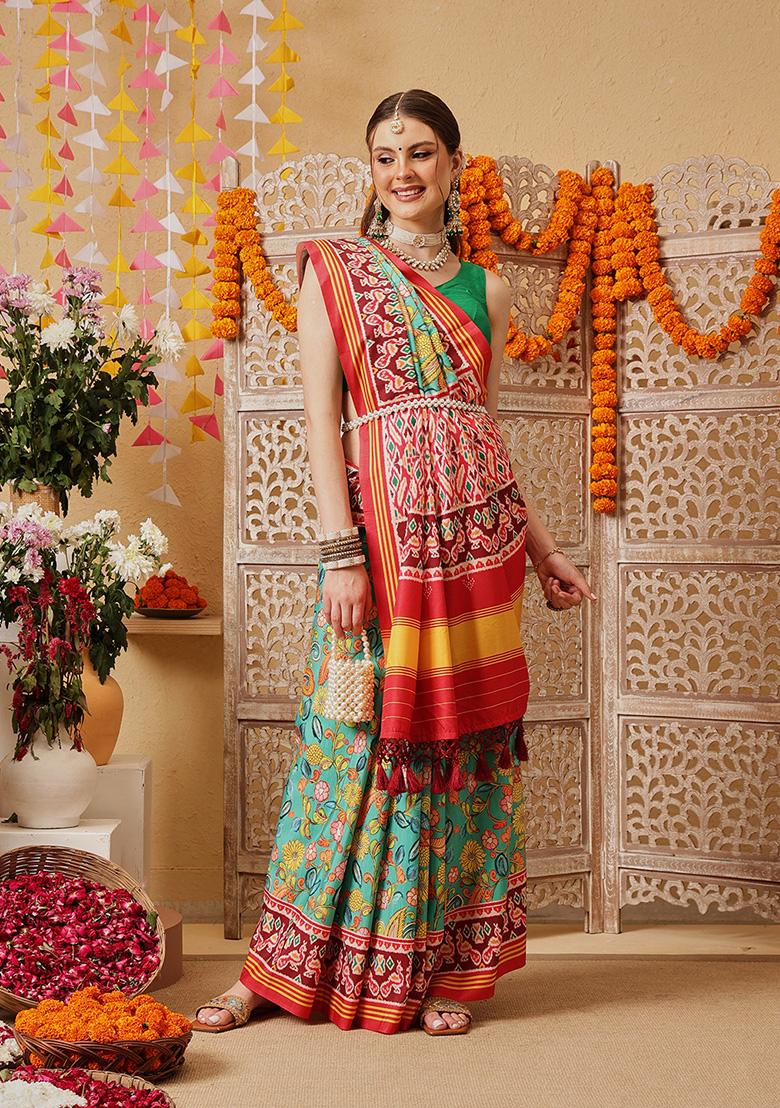 Multicolor Printed Silk Saree Set - Indya