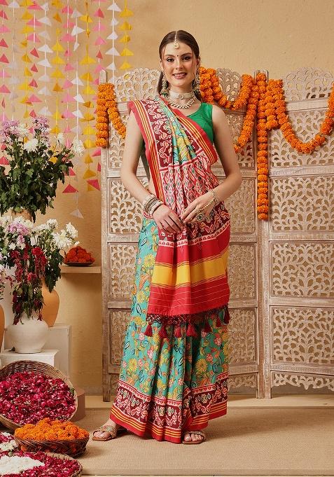 Multicolor Printed Silk Saree Set