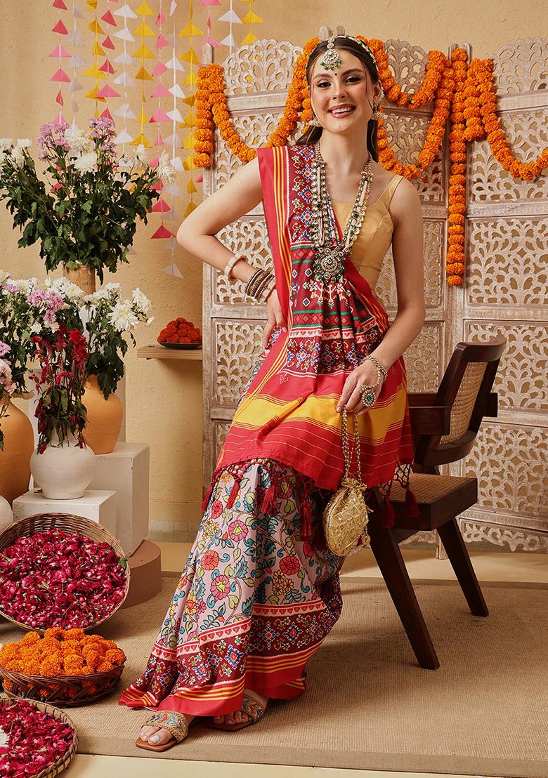 Multicolor Printed Silk Saree Set - Indya