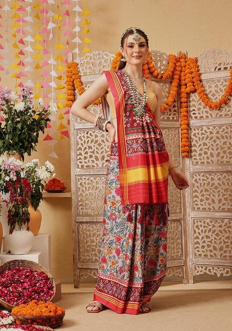 Multicolor Printed Silk Saree Set