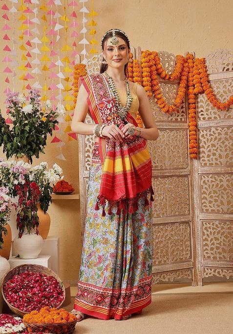 Multicolor Printed Silk Saree Set
