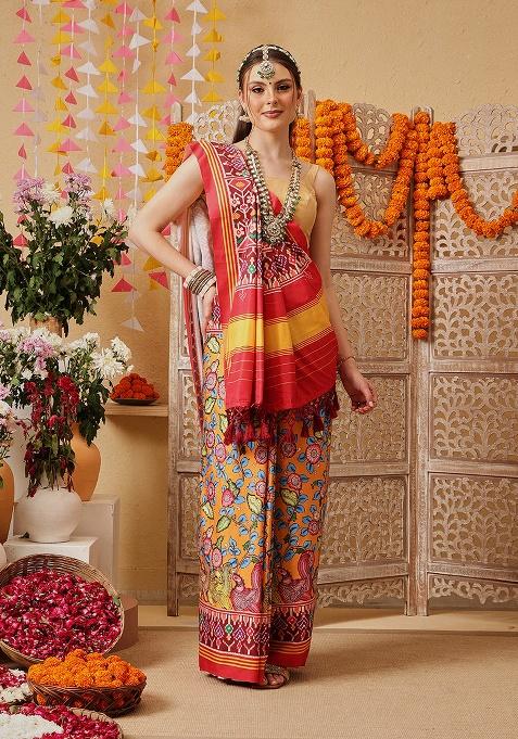 Multicolor Printed Silk Saree Set