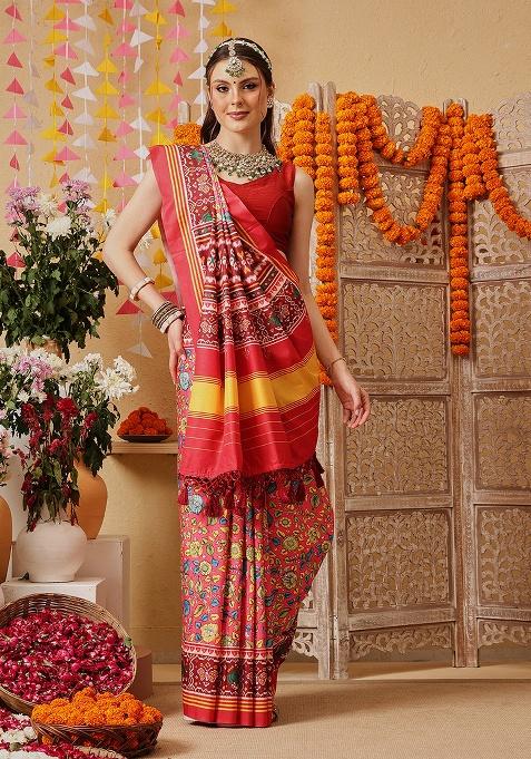 Multicolor Printed Silk Saree Set