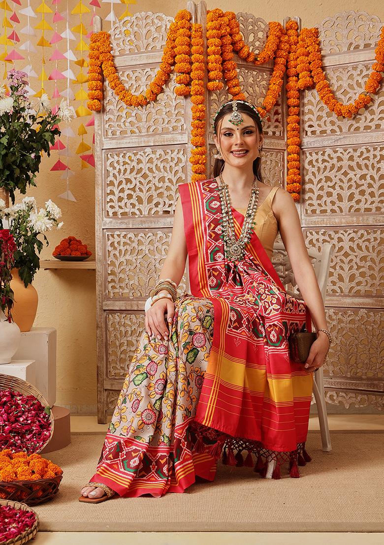 Multicolor Printed Silk Saree Set - Indya