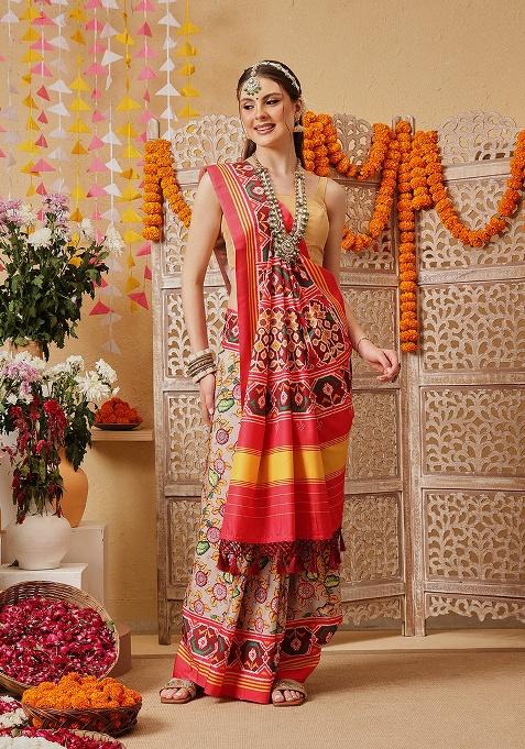 Multicolor Printed Silk Saree Set