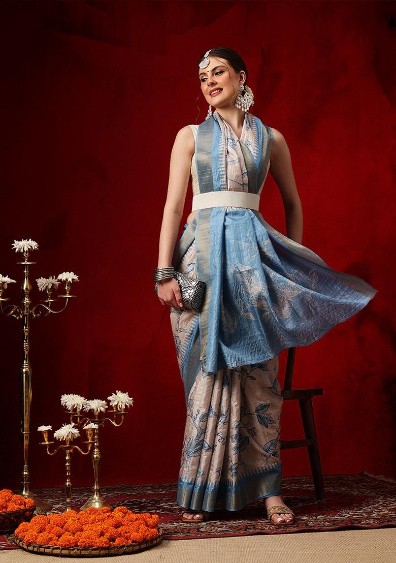 Blue Printed Silk Saree Set - Indya