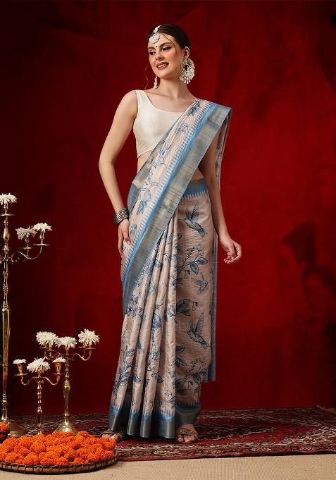 Blue Printed Silk Saree Set