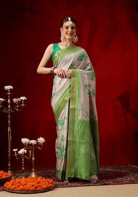 Green Printed Silk Saree Set