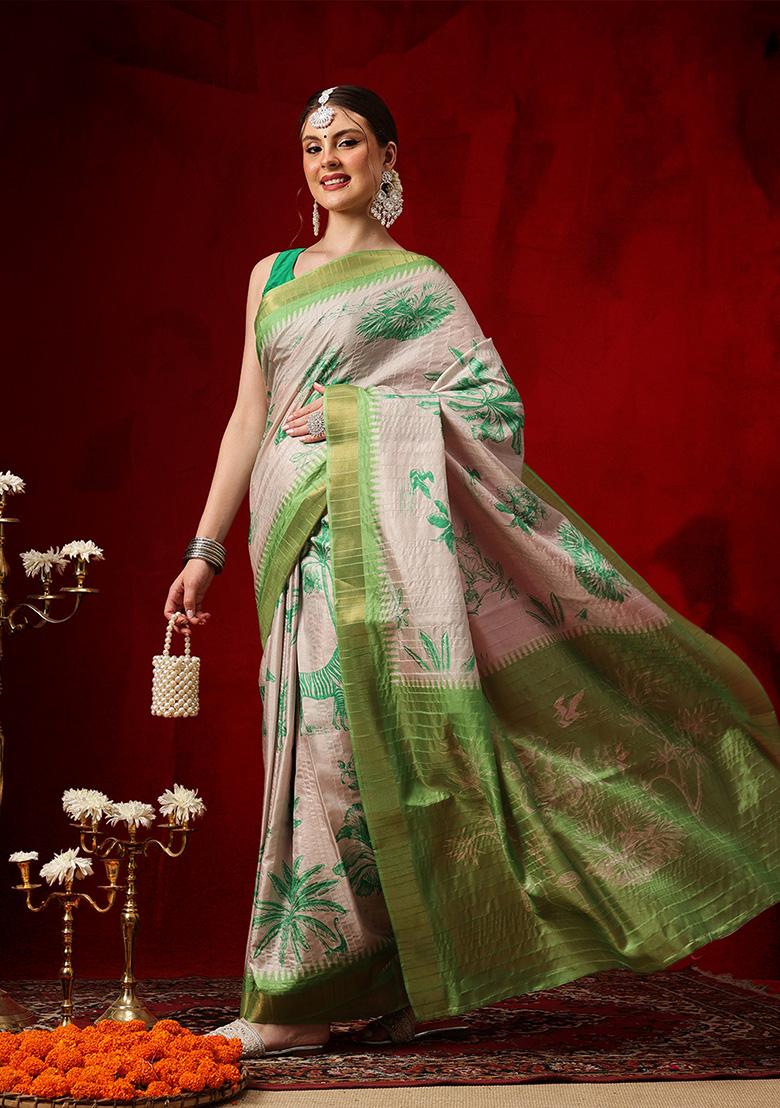 Green Printed Silk Saree Set - Indya