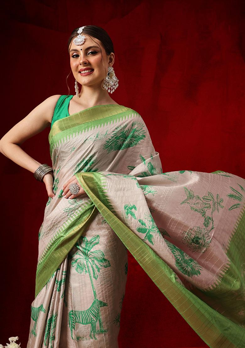 Green Printed Silk Saree Set - Indya