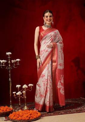 Red Printed Silk Saree Set