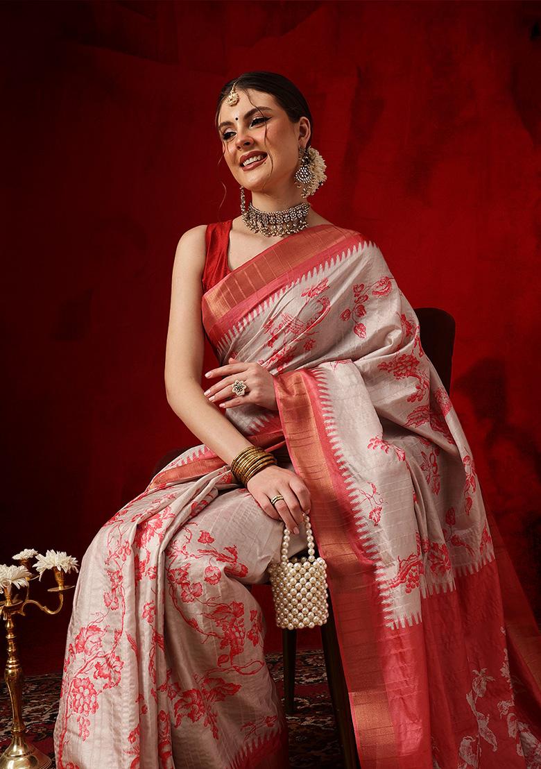 Red Printed Silk Saree Set - Indya