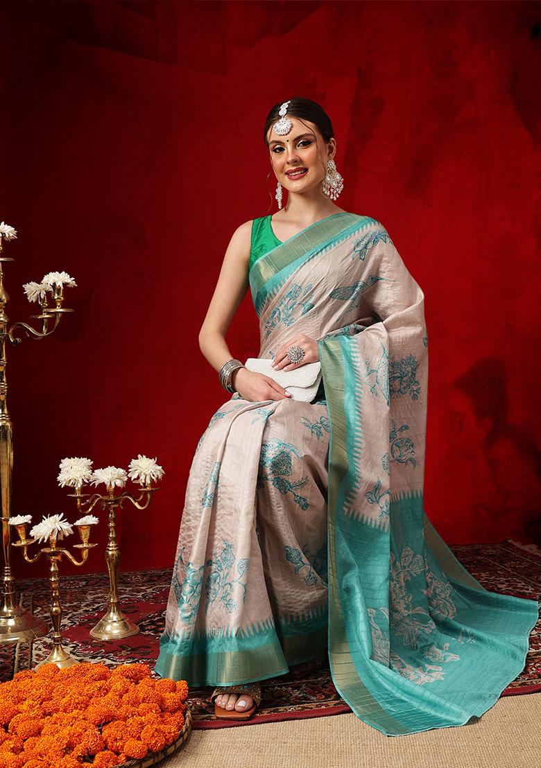 Teal Printed Silk Saree Set - Indya
