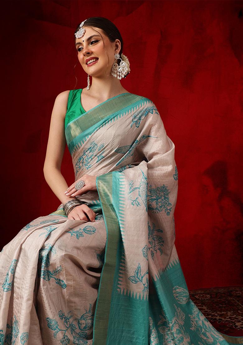 Teal Printed Silk Saree Set - Indya