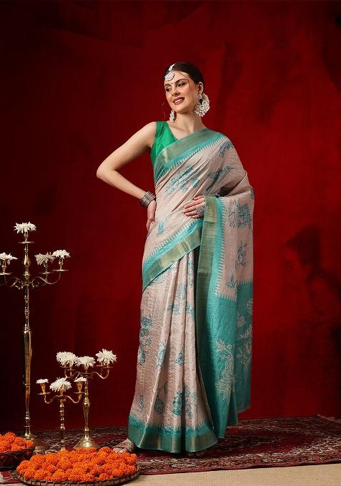 Teal Printed Silk Saree Set