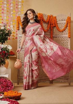 Pink Printed Silk Saree Set