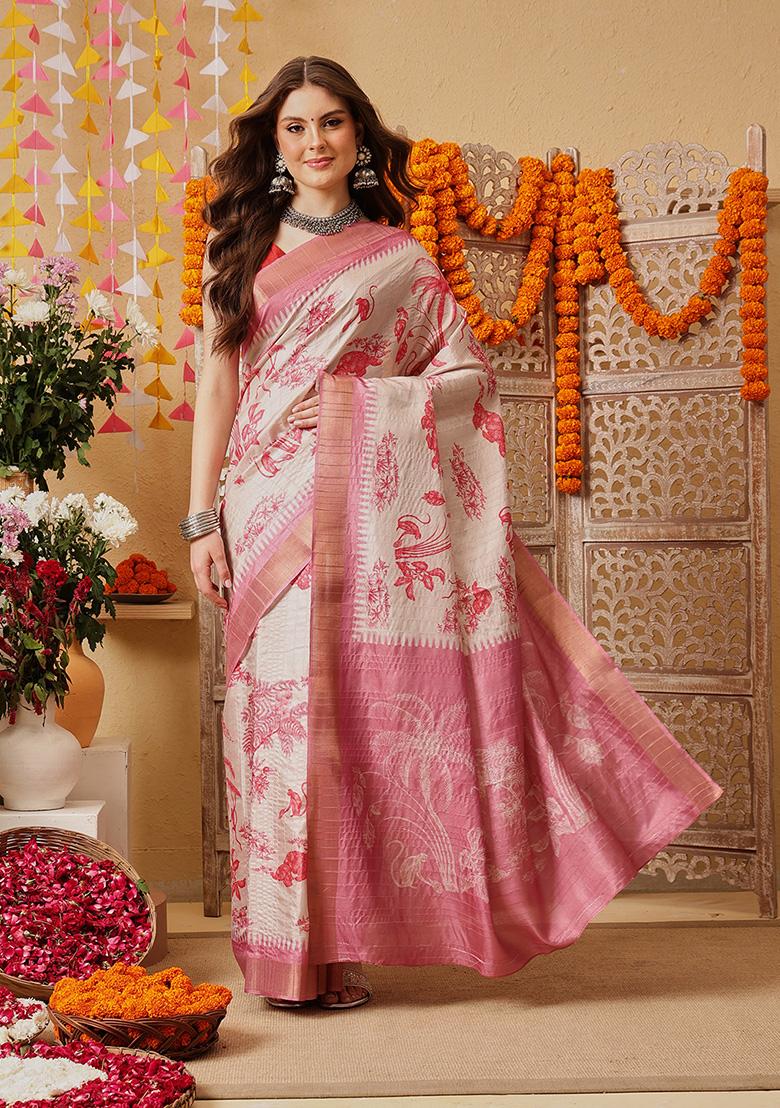 Pink Printed Silk Saree Set - Indya