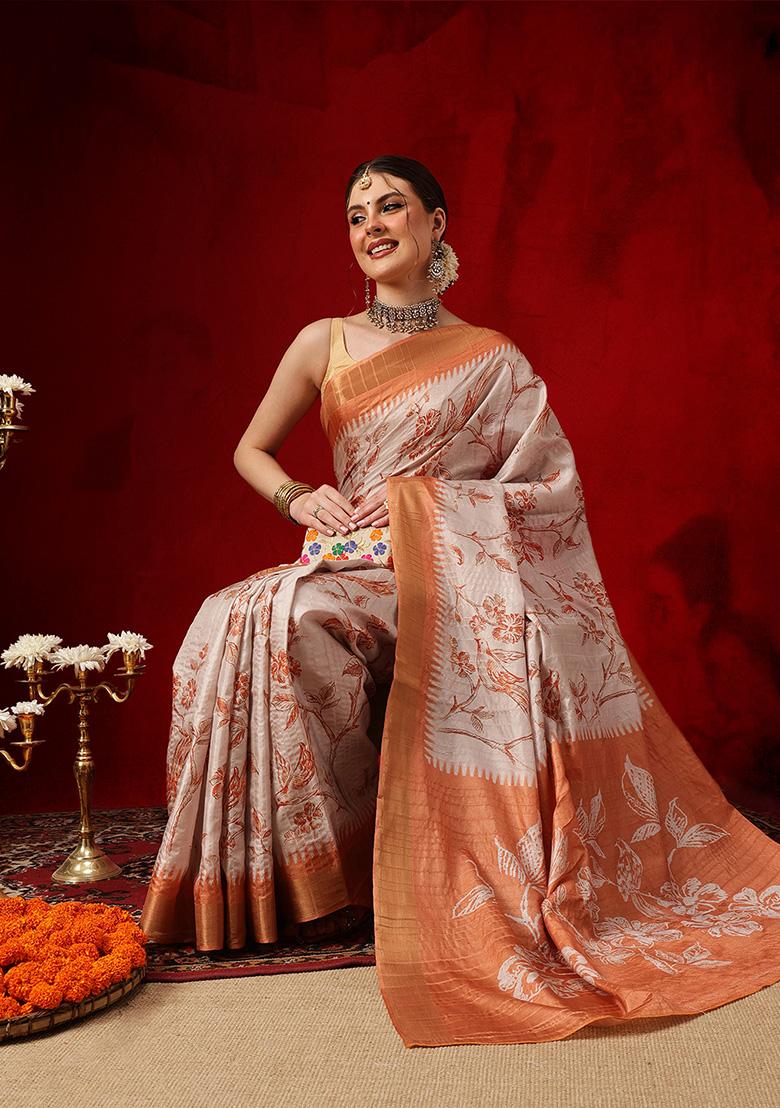 Orange Printed Silk Saree Set - Indya