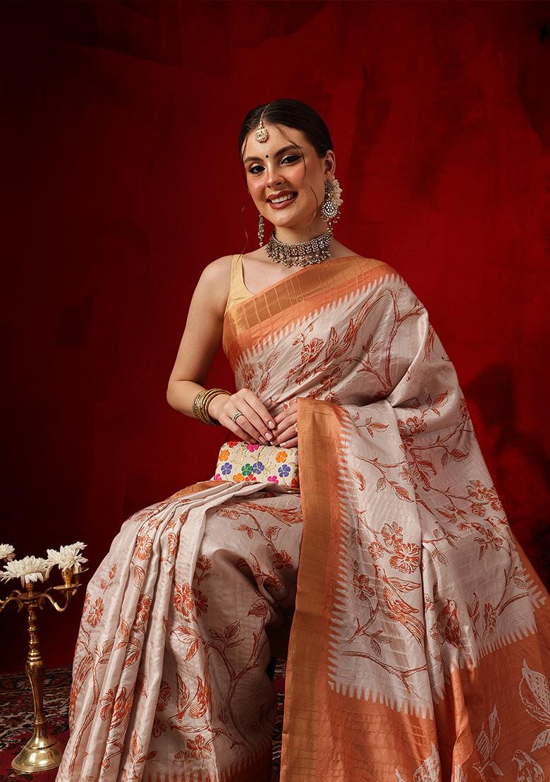 Orange Printed Silk Saree Set - Indya